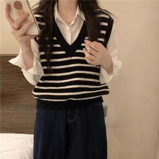 Áo Gile len nữ kẻ sọc, áo len cổ V kiểu dáng Hàn Quốc