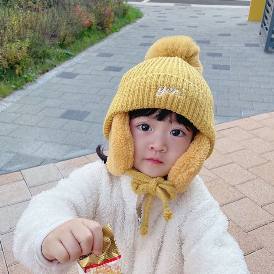 Mũ Len, Mũ Len Bịt Tai Thêu Tên Theo Yêu Cầu Phong Cách Hàn Quốc, Mũ Len Dệt Kim Lót Lông Cho Bé