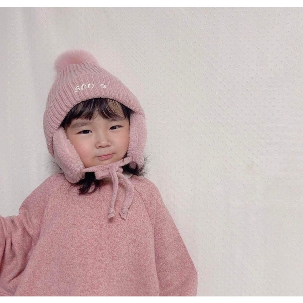 Mũ Len, Mũ Len Bịt Tai Thêu Tên Theo Yêu Cầu Phong Cách Hàn Quốc, Mũ Len Dệt Kim Lót Lông Cho Bé