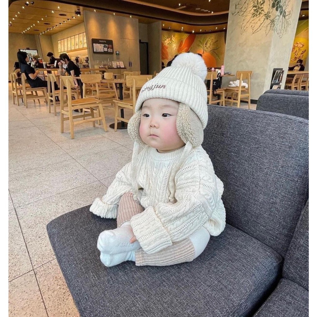 Mũ Len, Mũ Len Bịt Tai Thêu Tên Theo Yêu Cầu Phong Cách Hàn Quốc, Mũ Len Dệt Kim Lót Lông Cho Bé