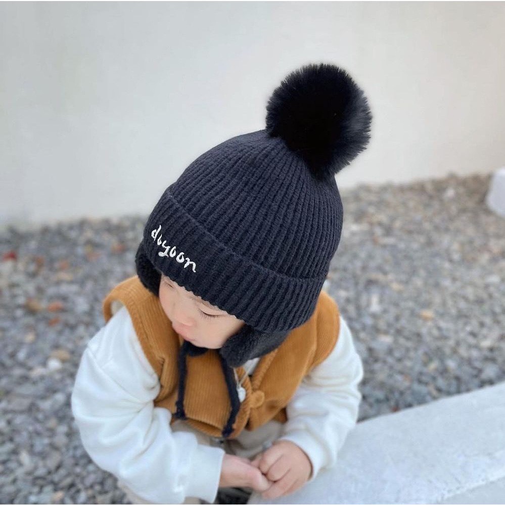 Mũ Len, Mũ Len Bịt Tai Thêu Tên Theo Yêu Cầu Phong Cách Hàn Quốc, Mũ Len Dệt Kim Lót Lông Cho Bé