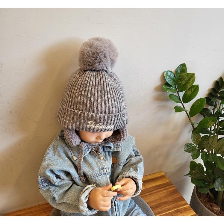 Mũ Len, Mũ Len Bịt Tai Thêu Tên Theo Yêu Cầu Phong Cách Hàn Quốc, Mũ Len Dệt Kim Lót Lông Cho Bé