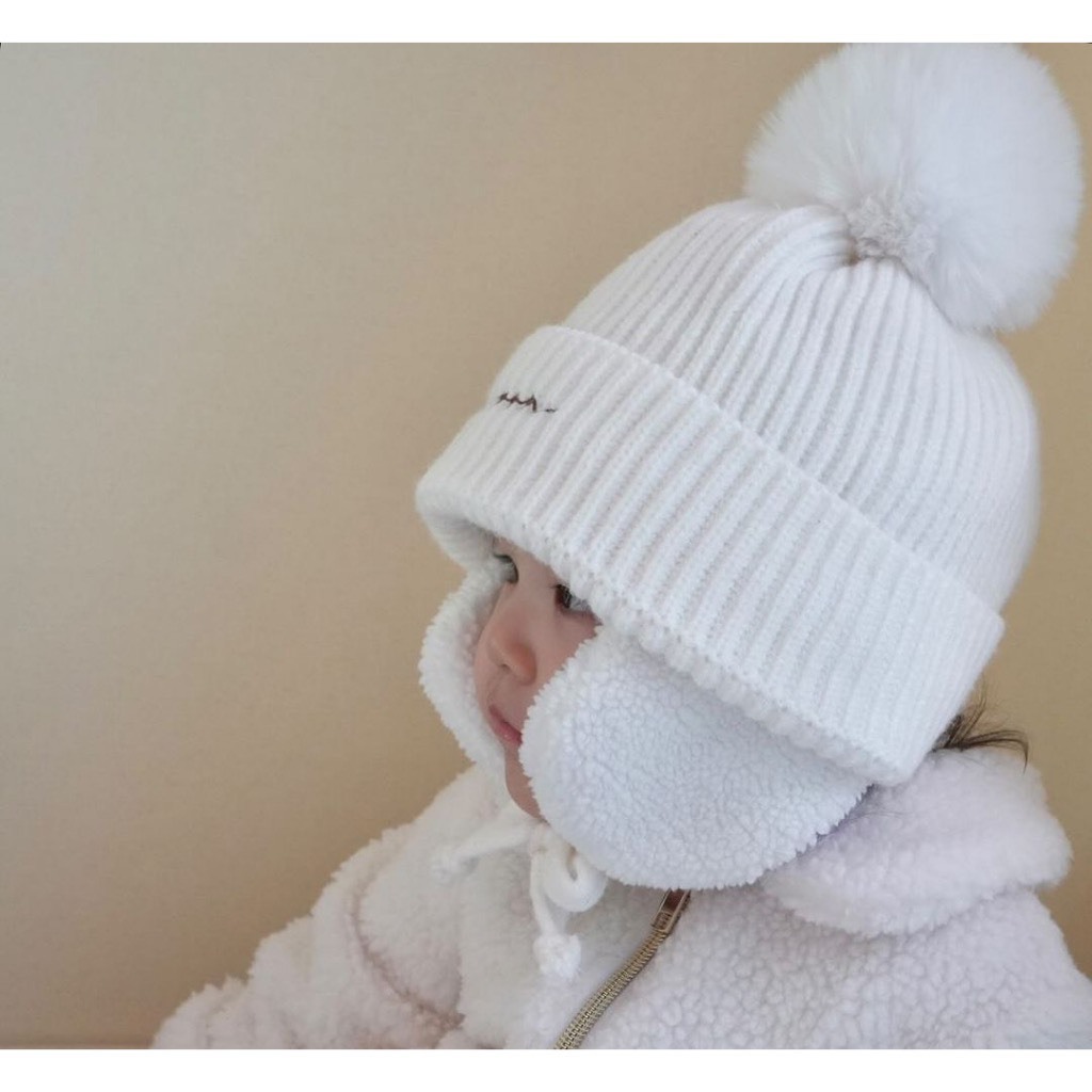 Mũ Len, Mũ Len Bịt Tai Thêu Tên Theo Yêu Cầu Phong Cách Hàn Quốc, Mũ Len Dệt Kim Lót Lông Cho Bé
