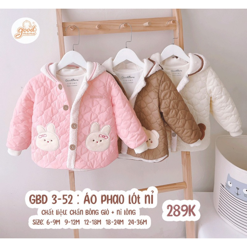 GOODMAMA- Áo khoác phao lót nỉ cho bé từ 6m-36m