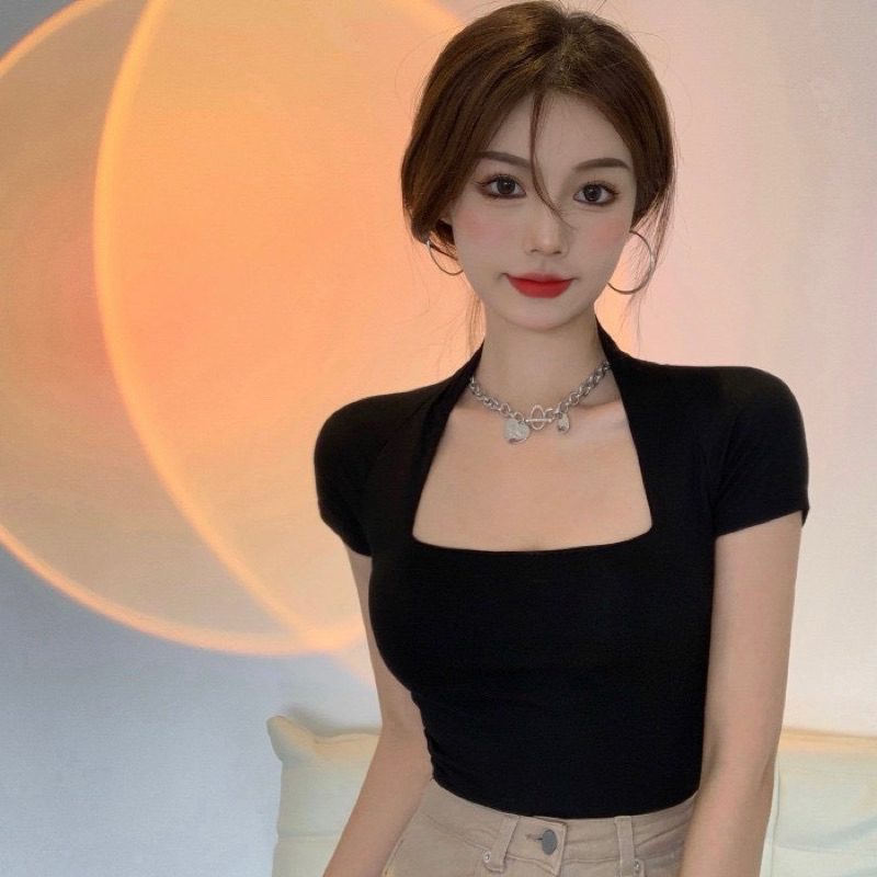 Áo Thun Ôm Body Cổ Vuông Tay Con Borip Khoe Eo