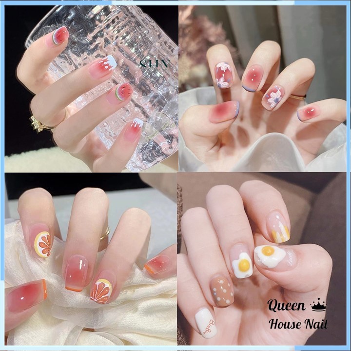 Móng tay giả đính đá đính nơ kèm keo, Set 24 móng tay giả, bộ móng tay giả dài vuông Queen