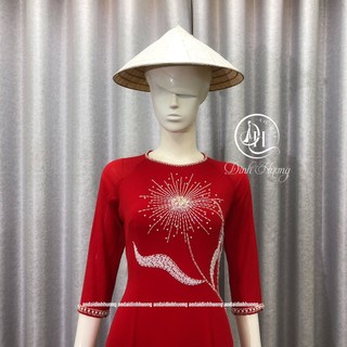 Áo dài thời trang Đinh Hương vải chiffon 4 tà màu đỏ đính kết họa tiết hoa tia trắng