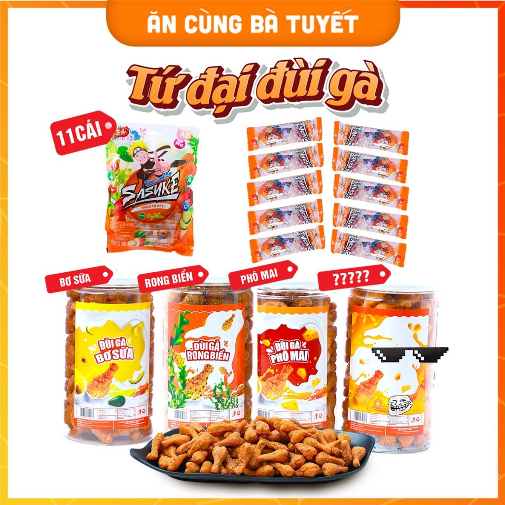 Combo TỨ ĐẠI ĐÙI GÀ: Đùi Gà Rong Biển + Đùi Gà Phô Mai + Đùi Gà Bơ Sữa + 11 Snack Sasuke - Đồ Ăn Vặt Snack Ăn Cùng Bà Tu