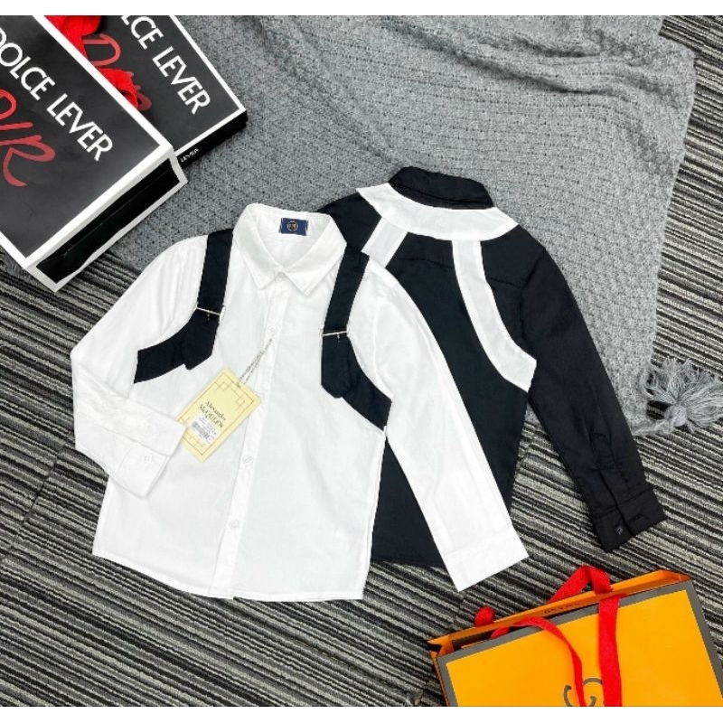 Áo sơ mi Cho Bé Trai Áo sơ mi Dài Tay Kẻ Vạt Tay trắng Đen