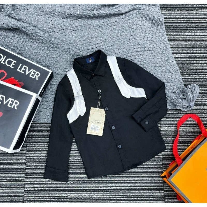 Áo sơ mi Cho Bé Trai Áo sơ mi Dài Tay Kẻ Vạt Tay trắng Đen