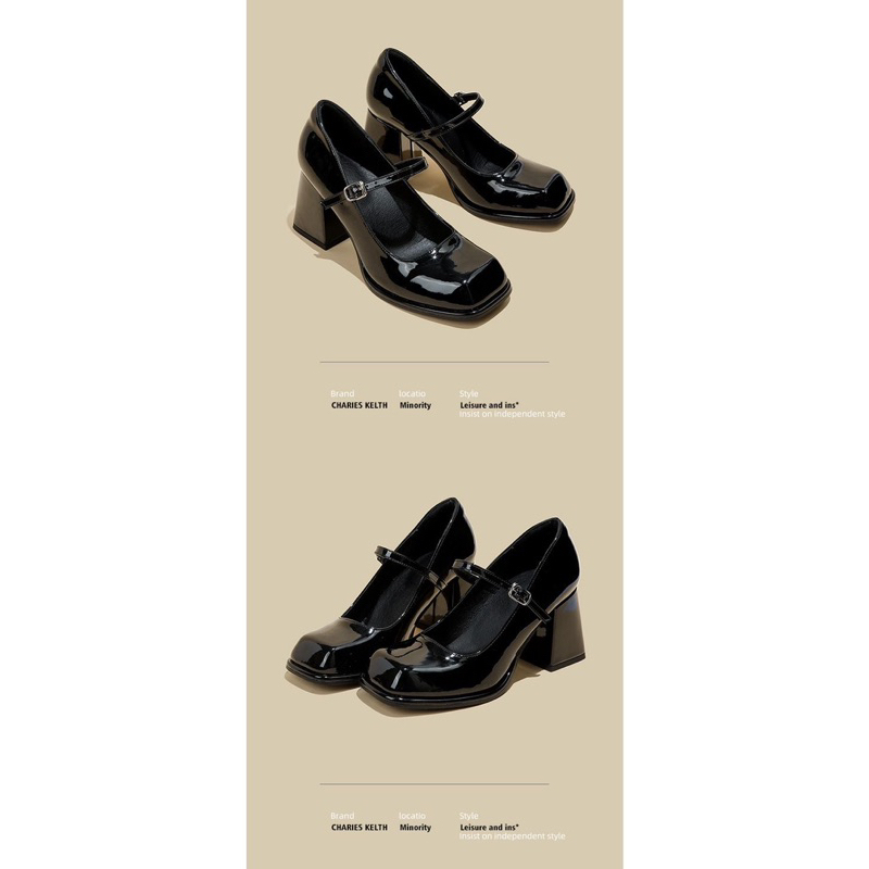 Cao gót mũi vuông gót trụ 8cm da bóng dành cho nữ kèm ảnh thật