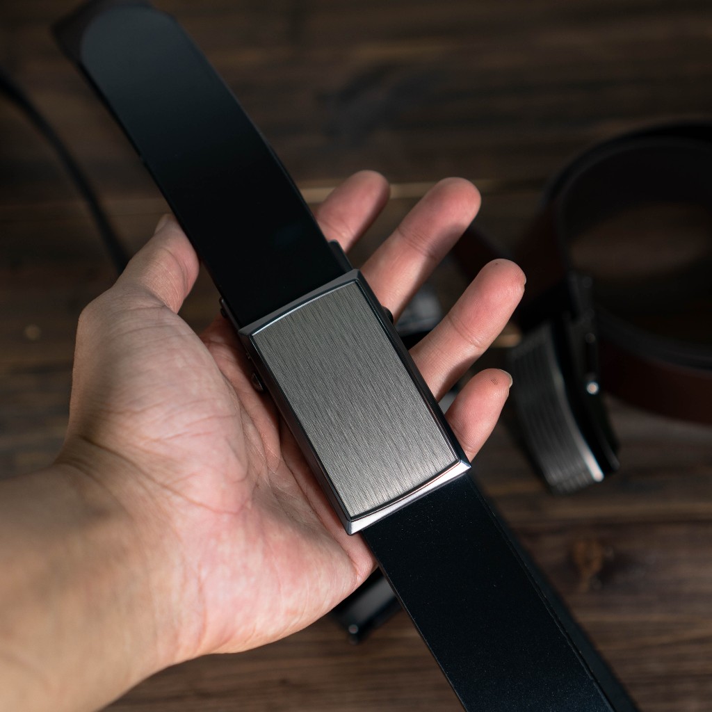 Thắt lưng công sở nam, khóa lăn truyền thống đen, nâu trơn, da bò nguyên miếng