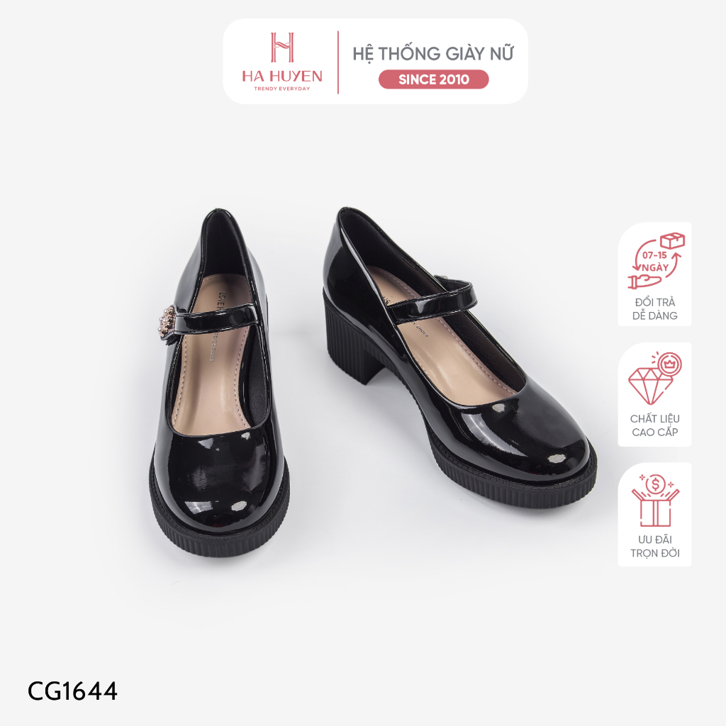 Giày cao gót nữ Hà Huyền Shoes da bóng quai ngang gót vuông 5 phân - CG1644