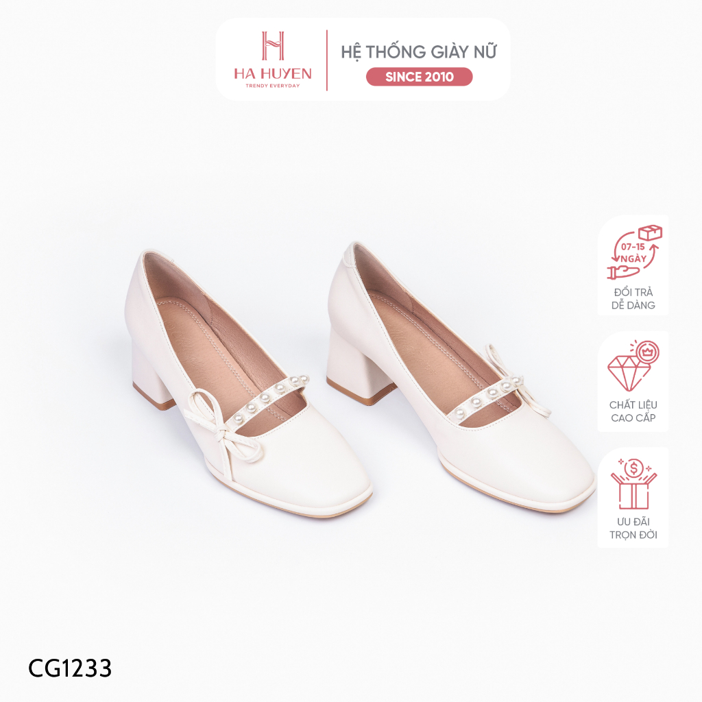 Giày cao gót mũi tròn Hà Huyền Shoes gót vuông 5 phân da lì đính nơ nhí - CG1233