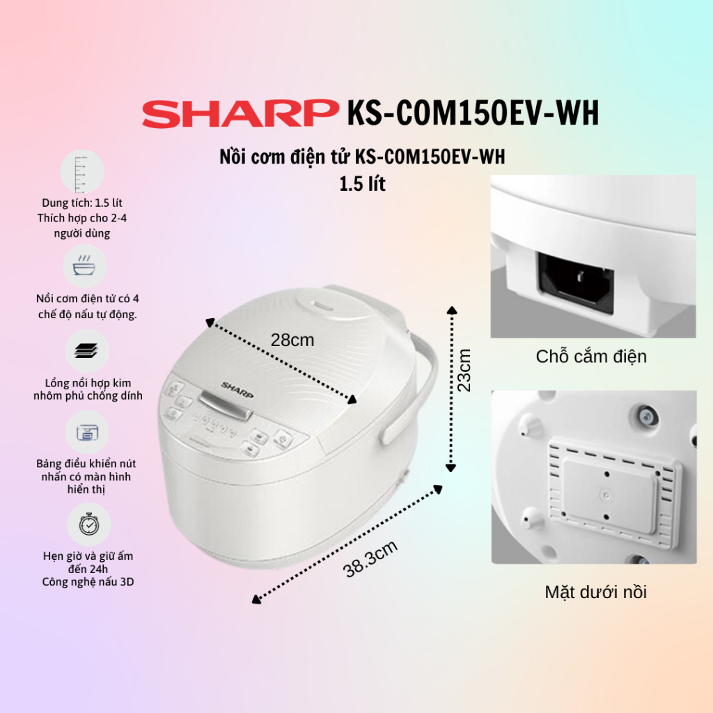 Nồi cơm điện tử Sharp KS-COM150EV-WH (Dung tích 1.5L) - 100% Chính Hãng
