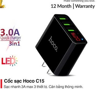 ⚡Mới⚡Cốc Sạc 3 cổng USB Chính Hãng Hoco C15 Củ Sạc có màn LED hiển thị đo dòng Chính Hãng chân dẹt với mọi thiết bị
