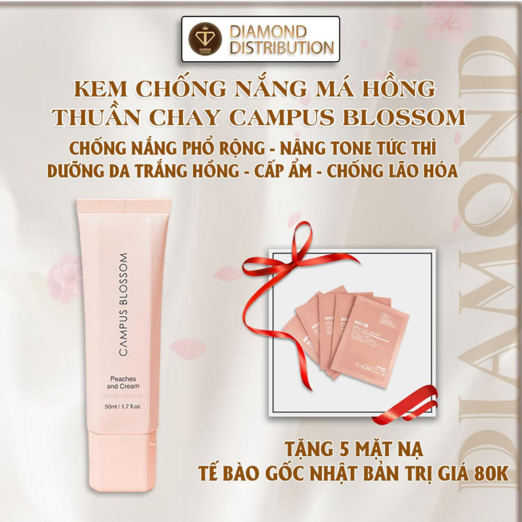 Kem Chống Nắng Make up Má Hồng Dưỡng Trắng Thuần Chay Campus Blossom tặng 5 Mặt nạ Tế bào gốc Nhật Bản