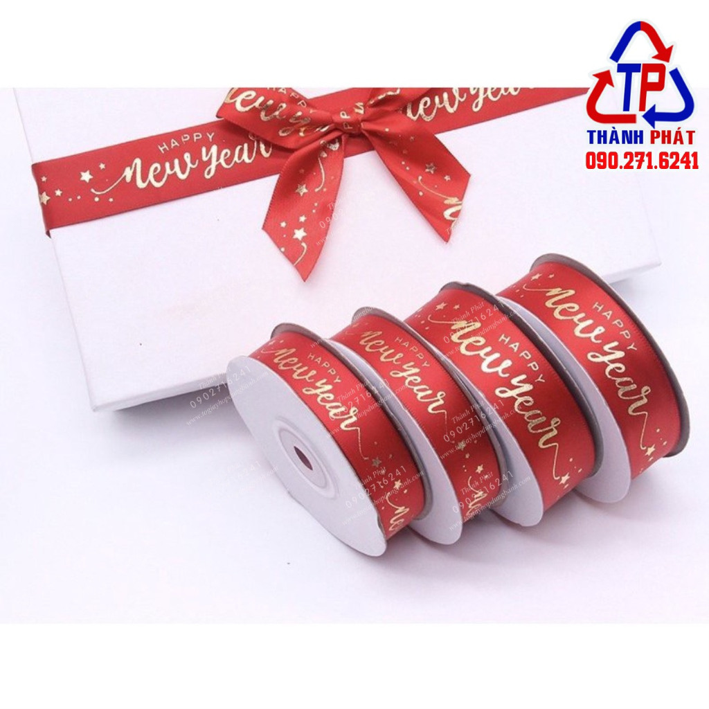 Ruy băng HAPPY NEW YEAR MẪU MỚI - ruy băng cột giỏ quà Tết 2024 - dây ruy băng trang trí tết làm cây ước nguyện