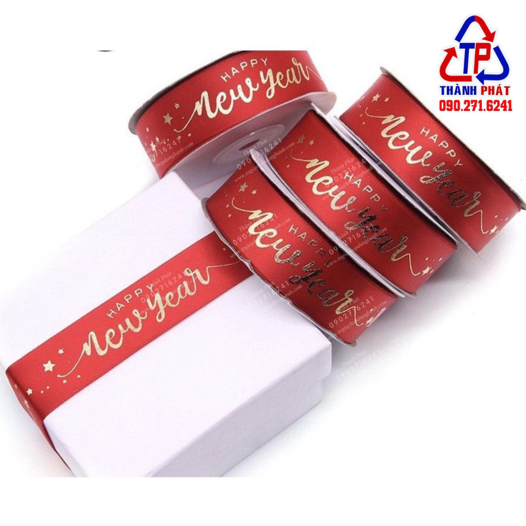 Ruy băng HAPPY NEW YEAR MẪU MỚI - ruy băng cột giỏ quà Tết 2024 - dây ruy băng trang trí tết làm cây ước nguyện