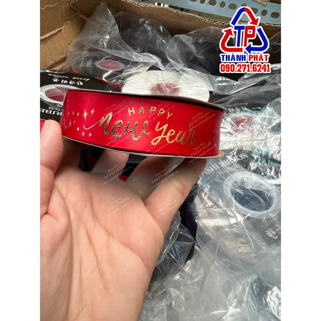 Ruy băng HAPPY NEW YEAR MẪU MỚI - ruy băng cột giỏ quà Tết 2024 - dây ruy băng trang trí tết làm cây ước nguyện