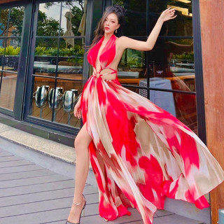  Đầm maxi đi biển khoen loang cam mẫu mới - Maxingoclan