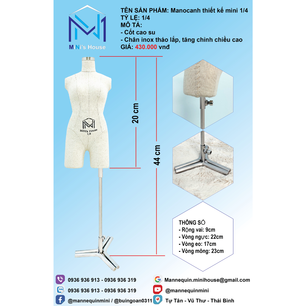 Manocanh thiết kế mini size 1/4 - tách đùi (Tặng kèm rập đầm cơ bản tỷ lệ 1/4)
