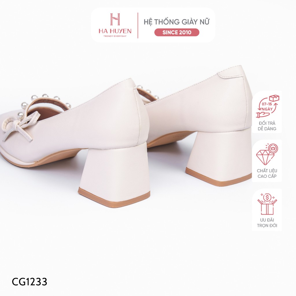 Giày cao gót mũi tròn Hà Huyền Shoes gót vuông 5 phân da lì đính nơ nhí - CG1233