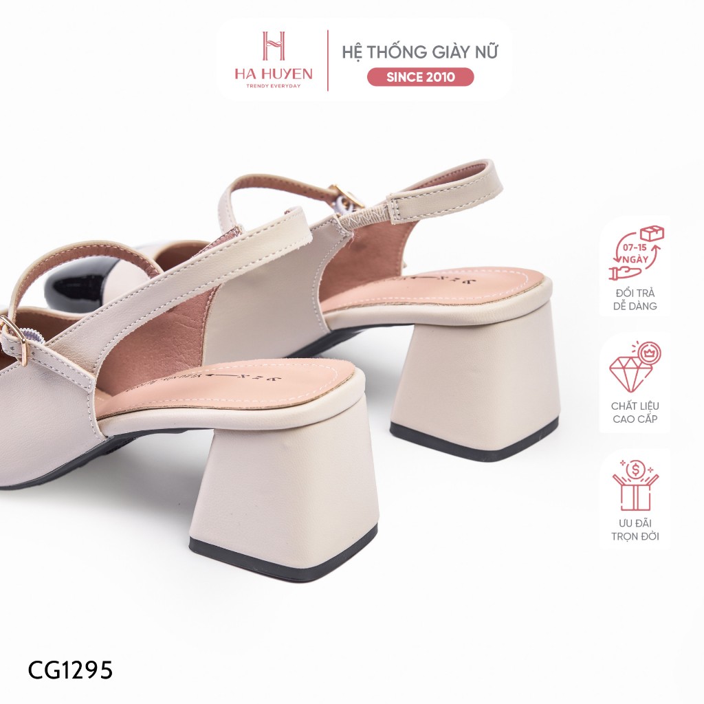 Giày cao gót nữ Hà Huyền Shoes da bóng quai ngang gót vuông 7 phân - CG1295