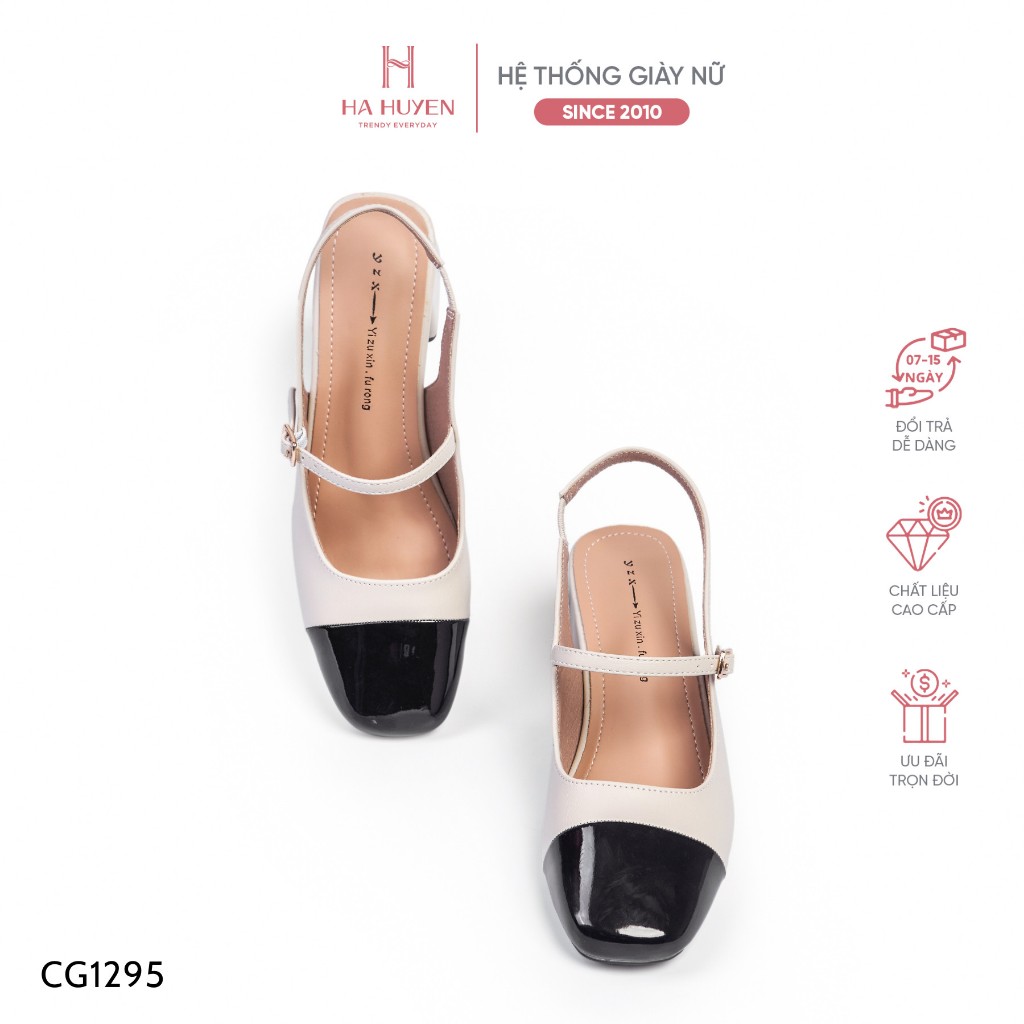 Giày cao gót nữ Hà Huyền Shoes da bóng quai ngang gót vuông 7 phân - CG1295