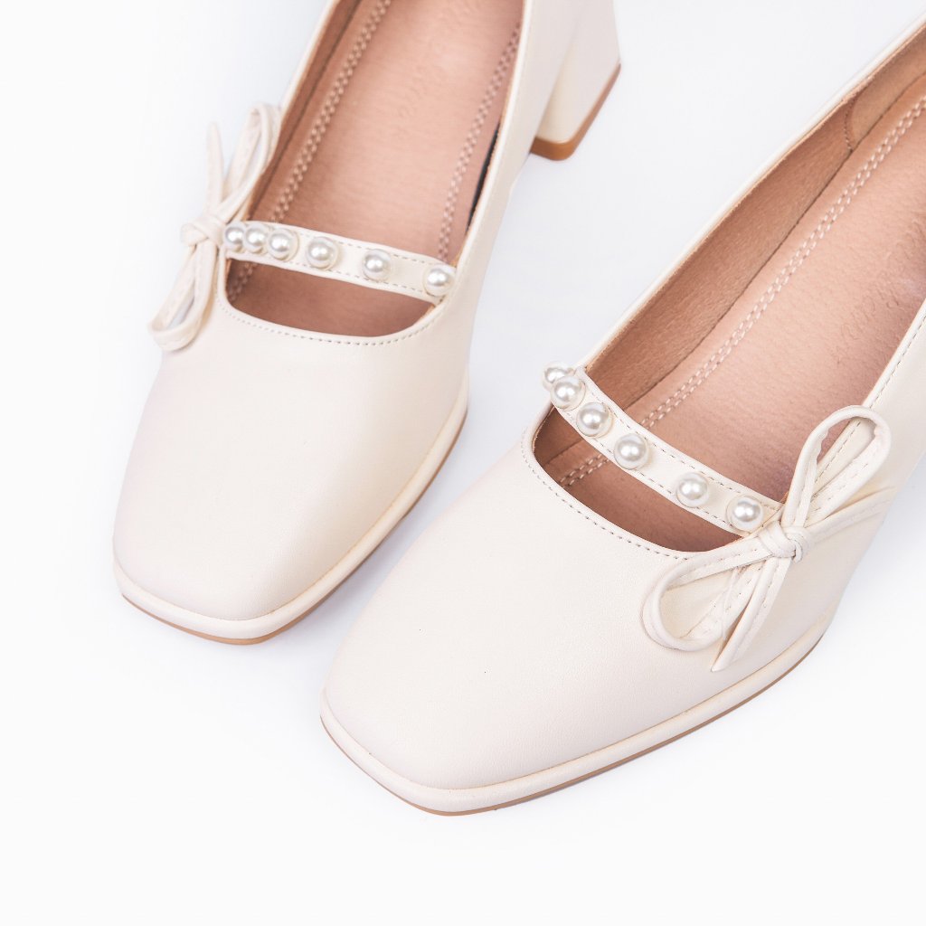 Giày cao gót mũi tròn Hà Huyền Shoes gót vuông 5 phân da lì đính nơ nhí - CG1233