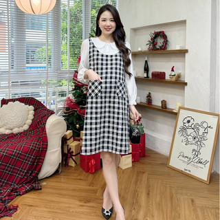 MEDYLA - Váy bầu thu đông dạ kẻ đen cổ sơ mi đầm bầu thiết kiế cho bầu đi chơi du lịch - VTA1577