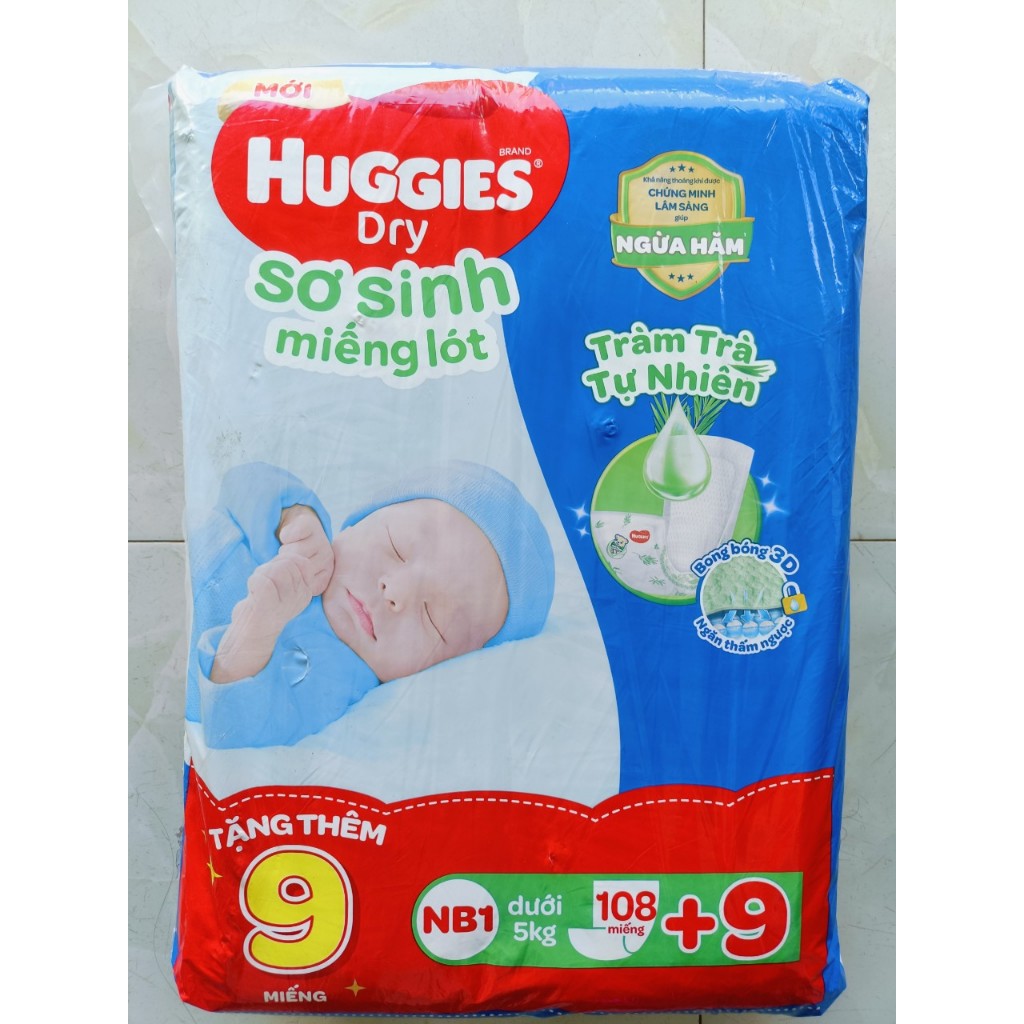 Miếng Lót Sơ Sinh NB1 Huggies Dry Tràm Trà Tự Nhiên 108 miếng + 9 miếng