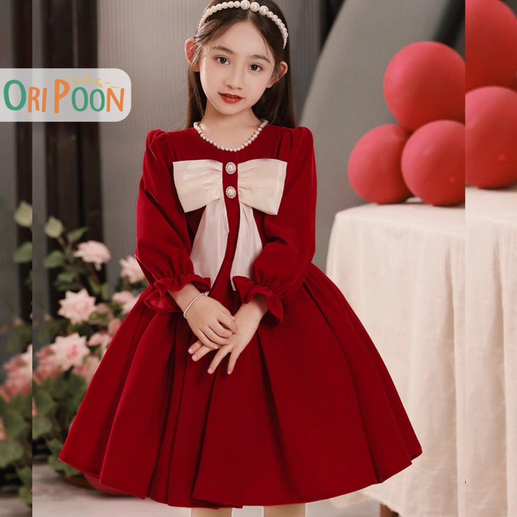 Đầm Váy Công Chúa Cho Bé Oripoon Dáng Xòe Dài Tay Vải Nhung Đỏ Đính Nơ Dễ Thương, Váy Bé Gái Mặc Noel Mặc Tết