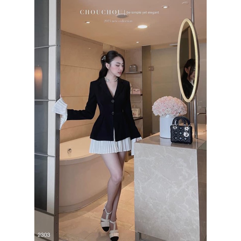 Váy Cổ vest cao cấp thiết kế chân váy xếp ly bèo trắng hàng 2lớp