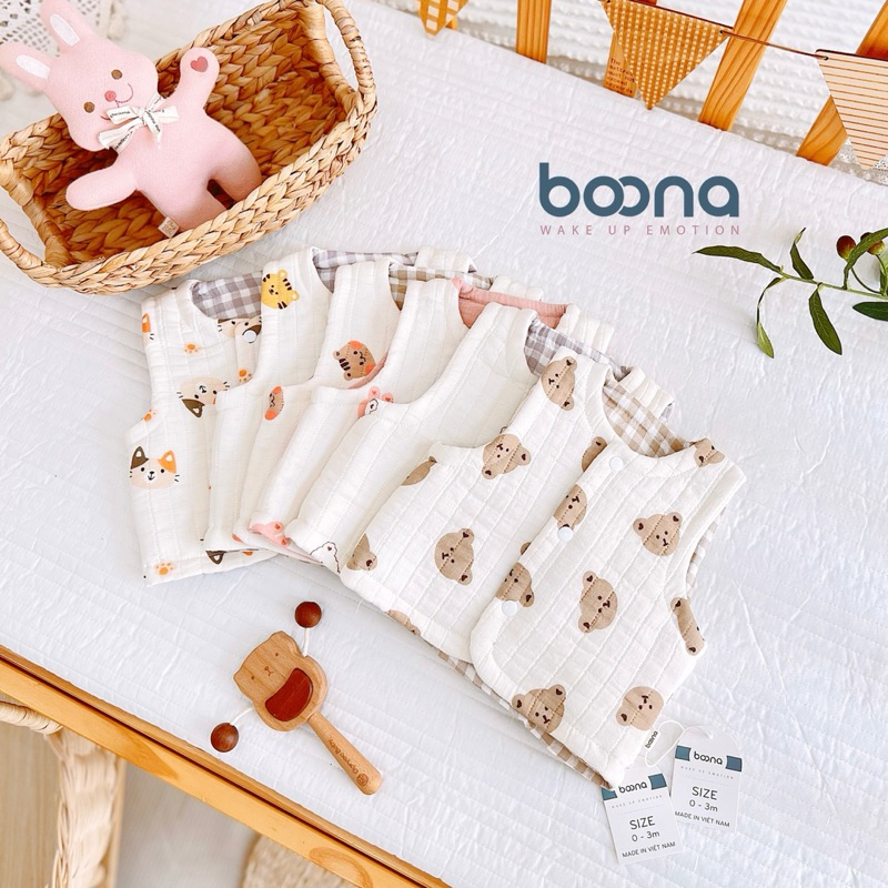 Áo Gile Trần Bông 2 Mặt Lớp Lót Kẻ Bên Trong Phiên Bản Mới Nhất Boona Dành Cho Bé Sơ Sinh