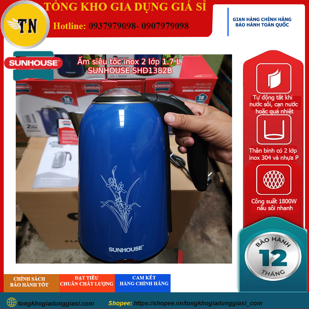 Ấm siêu tốc inox 2 lớp 1.7 L SUNHOUSE SHD1382B, hàng chính hãng, bảo hành 12 tháng