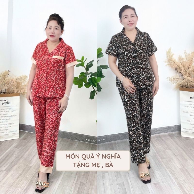 Đồ Bộ Trung Niên NHISTORE Quà Tặng Mẹ, Bà Lụa Bông Pijama Tay Ngắn Quần Dài Có Túi Big Size 45kg 85kg