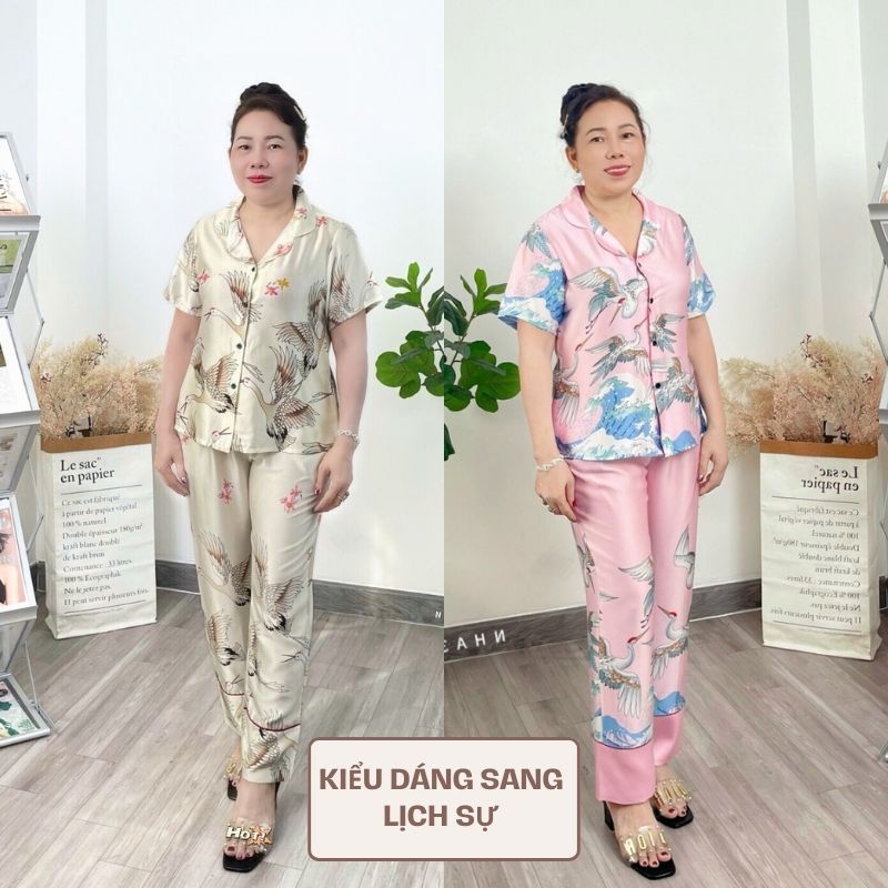 Đồ Bộ Trung Niên NHISTORE Quà Tặng Mẹ, Bà Lụa Bông Pijama Tay Ngắn Quần Dài Có Túi Big Size 45kg 85kg