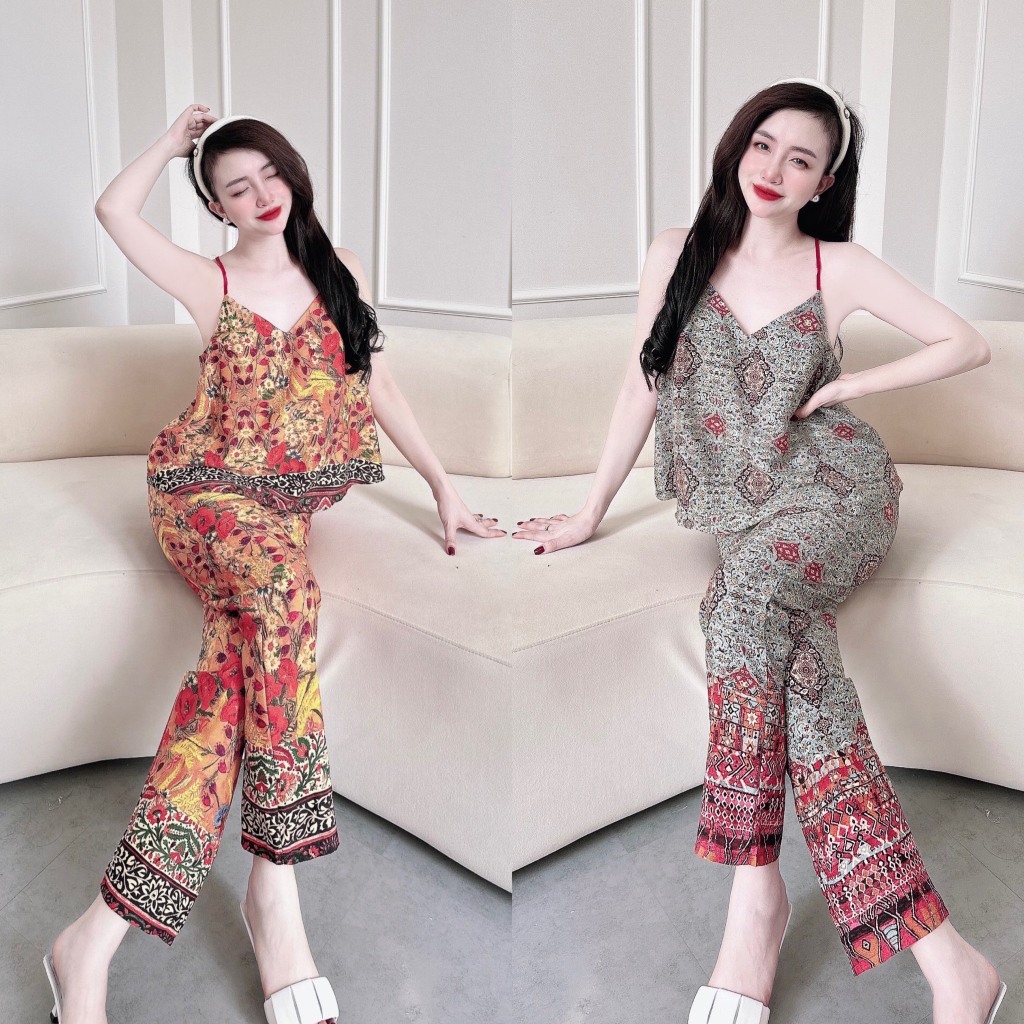 Set Bộ Nữ NHISTORE Đồ Bộ Áo Hai Dây Cổ Tim Lưng Yếm Quần Ống Suông Vải Lụa Thổ Cẩm Freesize Dưới 57kg