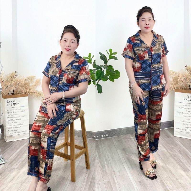 Đồ Bộ Trung Niên NHISTORE Quà Tặng Mẹ, Bà Lụa Bông Pijama Tay Ngắn Quần Dài Có Túi Big Size 45kg 85kg