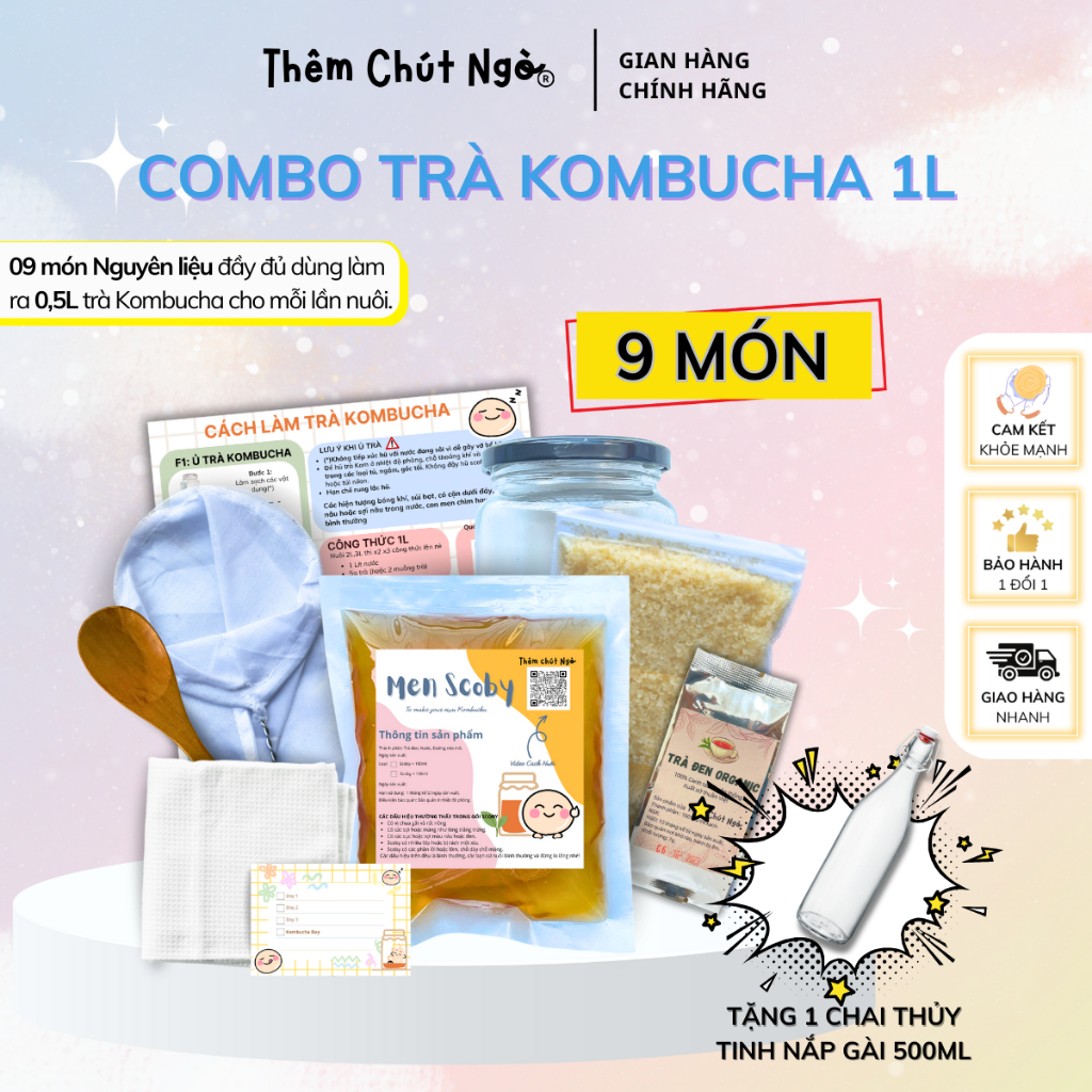 Combo Trà Kombucha đầy đủ nguyên liệu nuôi Scoby làm trà Kombucha, Set nguyên liệu làm trà Kombucha Scoby