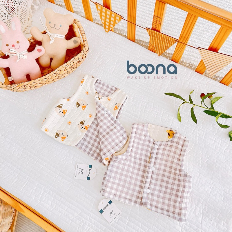 Áo Gile Trần Bông 2 Mặt Lớp Lót Kẻ Bên Trong Phiên Bản Mới Nhất Boona Dành Cho Bé Sơ Sinh