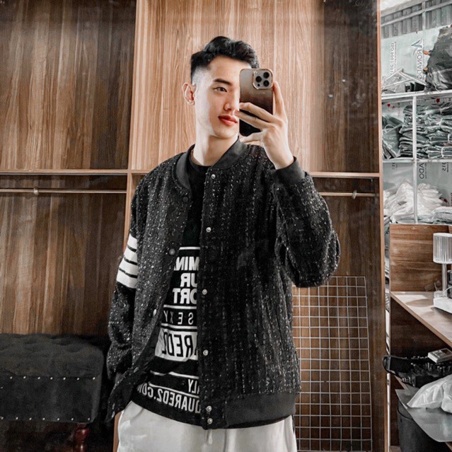 Áo khoác teddy bomber nam nữ vải dạ đính kim tuyến thêu sọc da đen hai vai bo ống 2 lớp dày dặn cao cấp AK16P