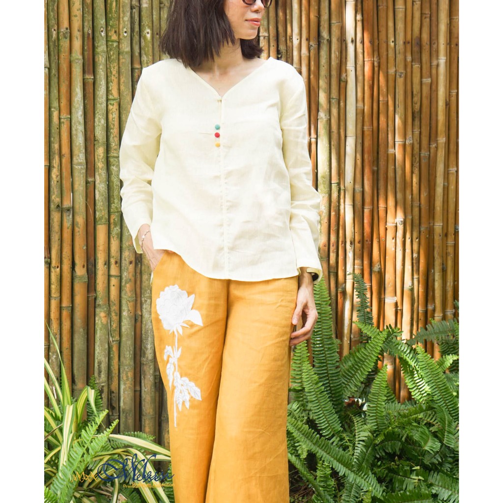 Áo linen nữ MaxMessi Premium Collection phối nút 3 màu CHAIMA