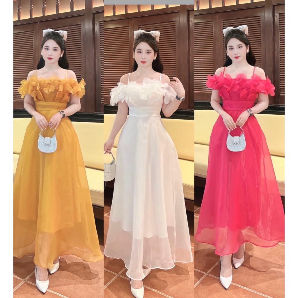 M465 - Đầm maxi voan Mỹ hai dây trễ vai đính cánh hoa có mút sang trọng (3 màu)