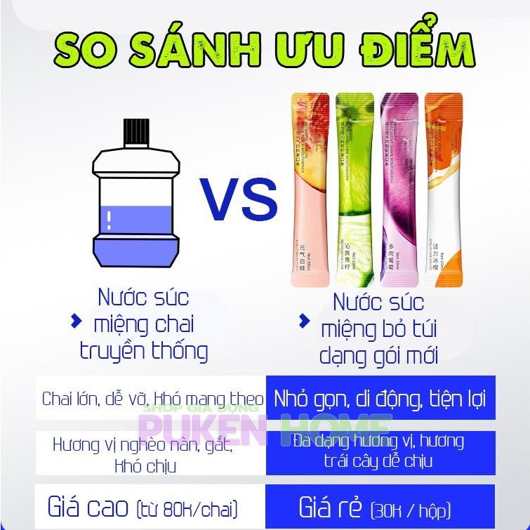 Nước Súc Miệng Bỏ Túi Dạng Gói, hộp 20 gói, nước súc miệng hương trái cây tự nhiên Cam, Chanh, Đào, Nho 20 gói / hộp