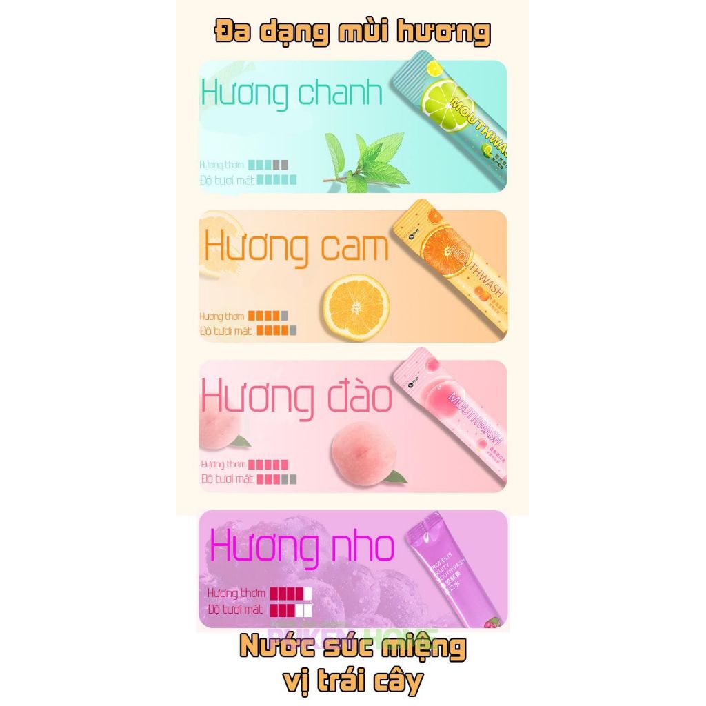 Nước Súc Miệng Bỏ Túi Dạng Gói, hộp 20 gói, nước súc miệng hương trái cây tự nhiên Cam, Chanh, Đào, Nho 20 gói / hộp