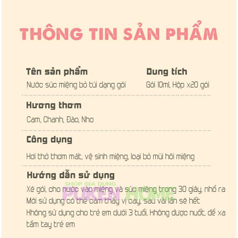 Nước Súc Miệng Bỏ Túi Dạng Gói, hộp 20 gói, nước súc miệng hương trái cây tự nhiên Cam, Chanh, Đào, Nho 20 gói / hộp