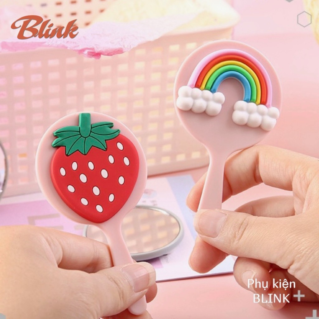 Gương mini cầm tay, soi trang điểm hình tròn hoạt hình dễ thương và tiện sử dụng