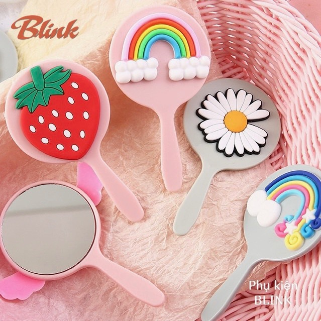 Gương mini cầm tay, soi trang điểm hình tròn hoạt hình dễ thương và tiện sử dụng